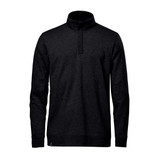 A black men's quarter zip pullover with long sleeves and a high collar, featuring a logo.