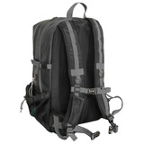 A black backpack with grey straps, featuring multiple compartments and a mesh side pocket. It has a logo on the front.