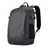 A dark grey backpack featuring adjustable straps, a sleek design, and side mesh pockets. Branding is visible.