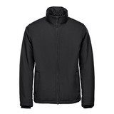 A black thermal jacket with a high collar and front zip, featuring pockets and a logo.