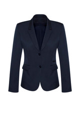 A navy women's mid-length jacket with a two-button closure and a fitted silhouette. Features a branded logo.