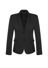 A women's mid-length black blazer featuring a two-button closure and side pockets. The jacket has a fitted silhouette.