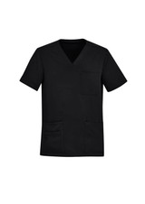 A black V-neck scrub top featuring short sleeves and multiple pockets, with a logo on the front.