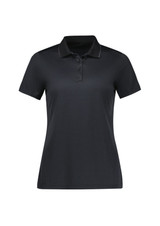 A women's short sleeve polo shirt in black, featuring a collar and three-button placket, with a subtle pattern.