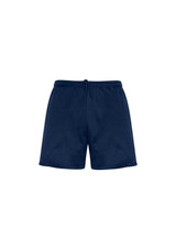 Navy sports shorts featuring an elastic waistband and drawstring, suitable for kids. Contains a logo.