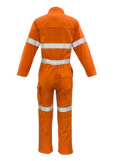 An orange overall with reflective hoop tape, featuring long sleeves and pockets, designed for workwear. It has a logo.