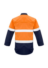 Orange and navy work shirt with hooped white tape, featuring a closed front and long sleeves. Includes a logo.
