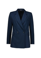 A navy blue double-breasted longline jacket with two front pockets and a sleek design. It features a branding logo.