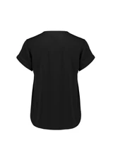A black short sleeve blouse with a relaxed fit and rolled sleeves, featuring a logo on the back.
