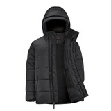 A black puffer jacket with a hood and zippered front, featuring a quilted design and a logo.