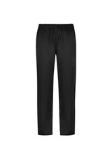 A pair of black women's pants with an elastic waistband, designed as scrub bottoms. Features a logo.