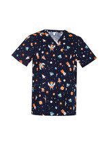 A navy scrub top featuring a fun space-themed print with planets, astronauts, and rockets. It has a logo.