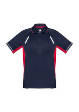 A navy blue and red short sleeve polo shirt featuring contrast panels and a logo.