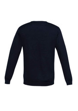 A dark navy pullover jumper with long sleeves and a round neck, featuring basic knit texture. It has a logo.