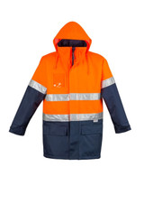 Hi vis waterproof lightweight jacket in orange and navy, featuring reflective stripes and a hood. Includes a pocket and branding.