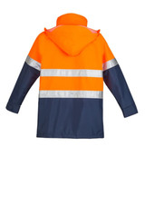 A lightweight hi-vis waterproof jacket featuring orange and navy colours with reflective stripes and a hood.