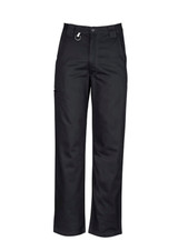 Black utility pants with a straight leg design and a logo on the front. Suitable for workwear purposes.