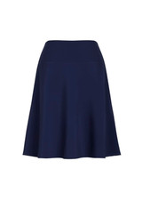 A navy flared skirt with a bandless waist design, featuring a smooth and flowing silhouette.
