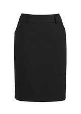A black wool stretch skirt with a multi-pleat design and pockets, featuring a waistband and a sleek silhouette.