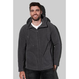 A men's hooded fleece jacket in grey, featuring a zip front, pockets, and a drawstring hood. Includes a logo.
