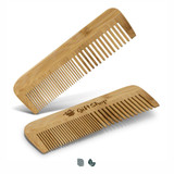 Two bamboo hair combs are displayed, featuring a natural wood colour and a logo on one side.