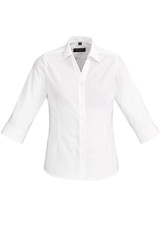 A white women's button-up shirt with 3/4 sleeves and a collar, featuring a logo on the collar.