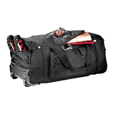 A black wheeled duffel bag with multiple compartments, featuring shoes and sports equipment partially visible.