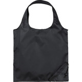 A black foldaway tote bag with a single handle, featuring a logo and a compact design for easy storage.