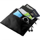 A black travel pouch containing a phone, passport, notebook, gum, and headphones, with visible zippers.