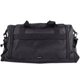 A black duffle bag with mesh pockets and dual handles, featuring a shoulder strap and branding.