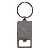 A silver rectangle keychain with a split ring and a bottle opener feature. It has a logo on the front.