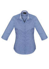 A women's blue and white check 3/4 sleeve button-up shirt with a collar and a logo.