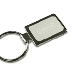 A rectangular silver keychain with a polished finish and a blank insert area for customisation, featuring a metal ring.