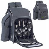 A grey picnic backpack with cutlery, drink bottles, glasses, and plates neatly organised inside. It has a logo on the front.