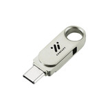 A silver Type-C flash drive with a swivel design and a logo on the surface.