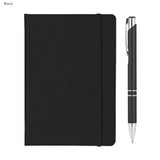 A black A5 notebook with a pen beside it, featuring a sleek design and an elastic closure band.