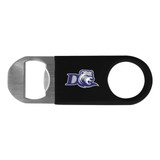 A drink bottle opener in black vinyl with a stainless steel end and a logo on one side.