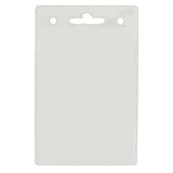 A clear plastic badge holder with two holes at the top for attaching a lanyard or clip.