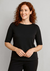 A black short sleeve T-shirt featuring a round neck and a fitted silhouette, worn by a woman with curly hair.