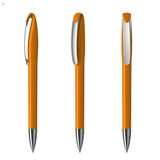 An orange plastic pen with a silver clip, featuring a sleek design. Multiple angles are displayed.