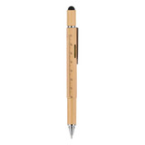 A bamboo tool pen featuring a silver tip, black stylus end, and a small ruler along the barrel. It has a logo.