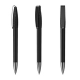 A sleek, black metal pen with a textured grip and clip, featuring a high gloss finish.