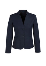 A fitted women's short jacket in navy blue with a reverse lapel and two buttons, featuring a logo.