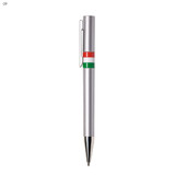 A metal pen in silver with red and green stripes, featuring a clip and a branded logo.