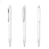 A set of white plastic pens featuring a sleek design and silver accents, displaying various angles.