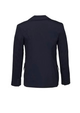 A women's longline jacket in dark navy with a fitted design and button details on the sleeves. It features a logo.