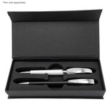 A sleek black packaging featuring two writing instruments in silver and chrome finishes. Includes a logo.