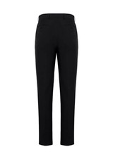 A pair of black slim fit flat front pants with a tailored design, featuring rear pockets.