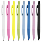 A collection of plastic pens in white, pink, yellow, green, light blue, dark blue, lavender, and black, featuring logos.