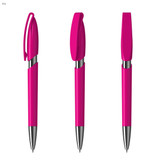 A bright pink plastic pen with a sleek design and a silver clip, featuring a cap.